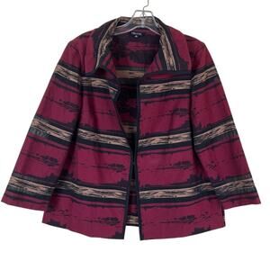 Misook Women's Sz S Sheer Detail Landscape Jacket Blazer Burgundy Black Elegant